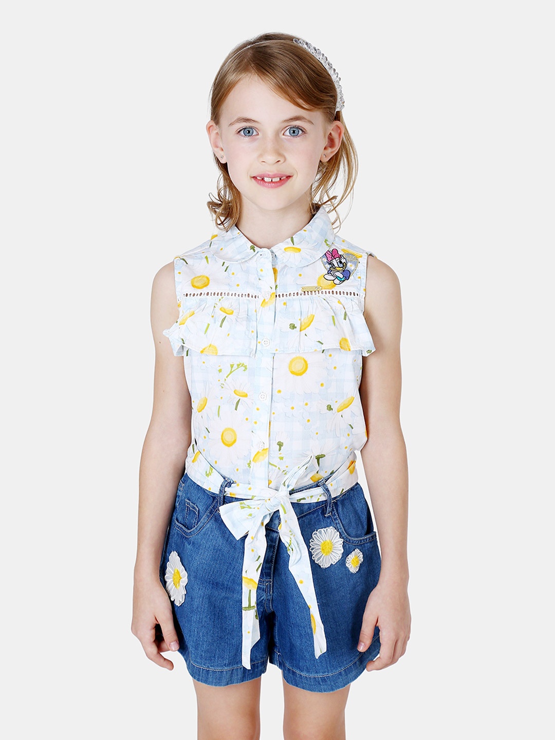 

One Friday Off White Floral Print Mandarin Collar Pure Cotton Shirt Style Top