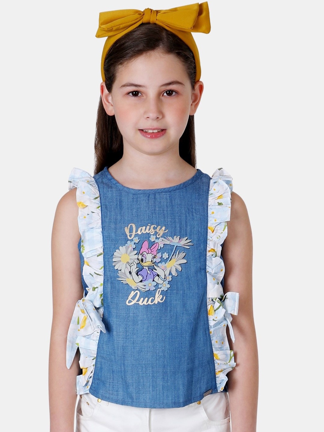 

One Friday Girls Blue Printed Sleeveless Ruffled Top