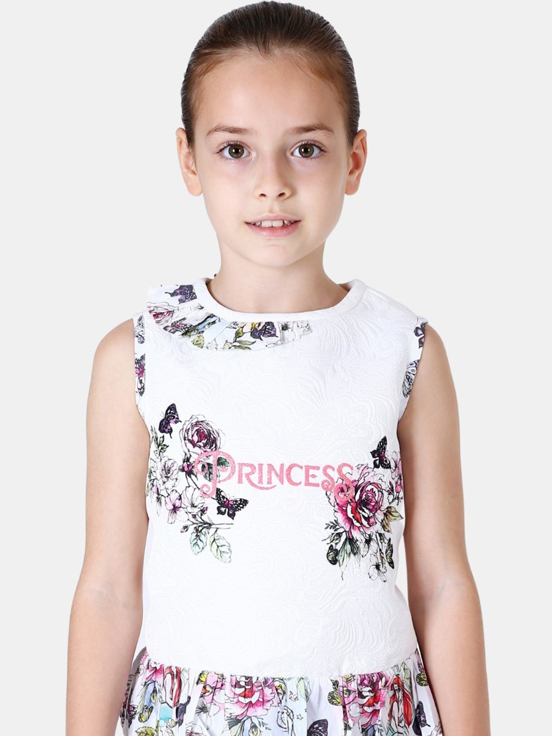 

One Friday Girls Off White & Pink Cotton Floral Print Top