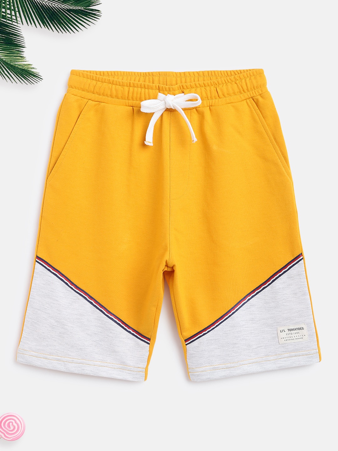 

Lil Tomatoes Boys Mustard & Off-White Colourblocked Pure Cotton Shorts