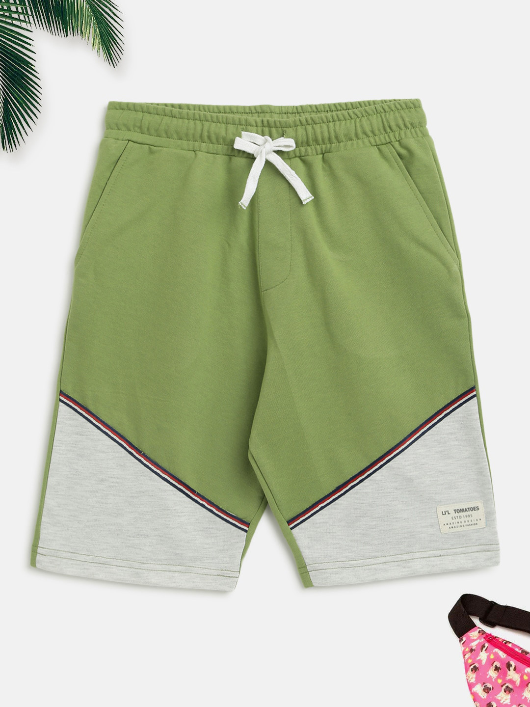 

Lil Tomatoes Boys Olive Green Colourblocked Outdoor Sports Shorts 100% Cotton