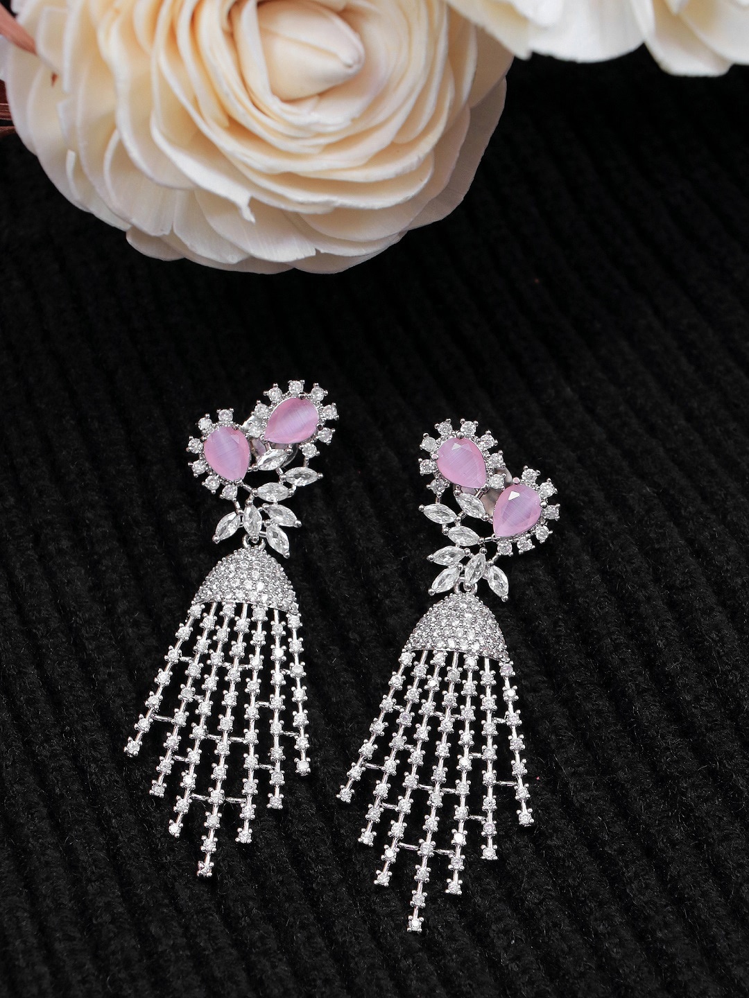 

Crunchy Fashion Silver-Toned & Pink Contemporary Drop Earrings