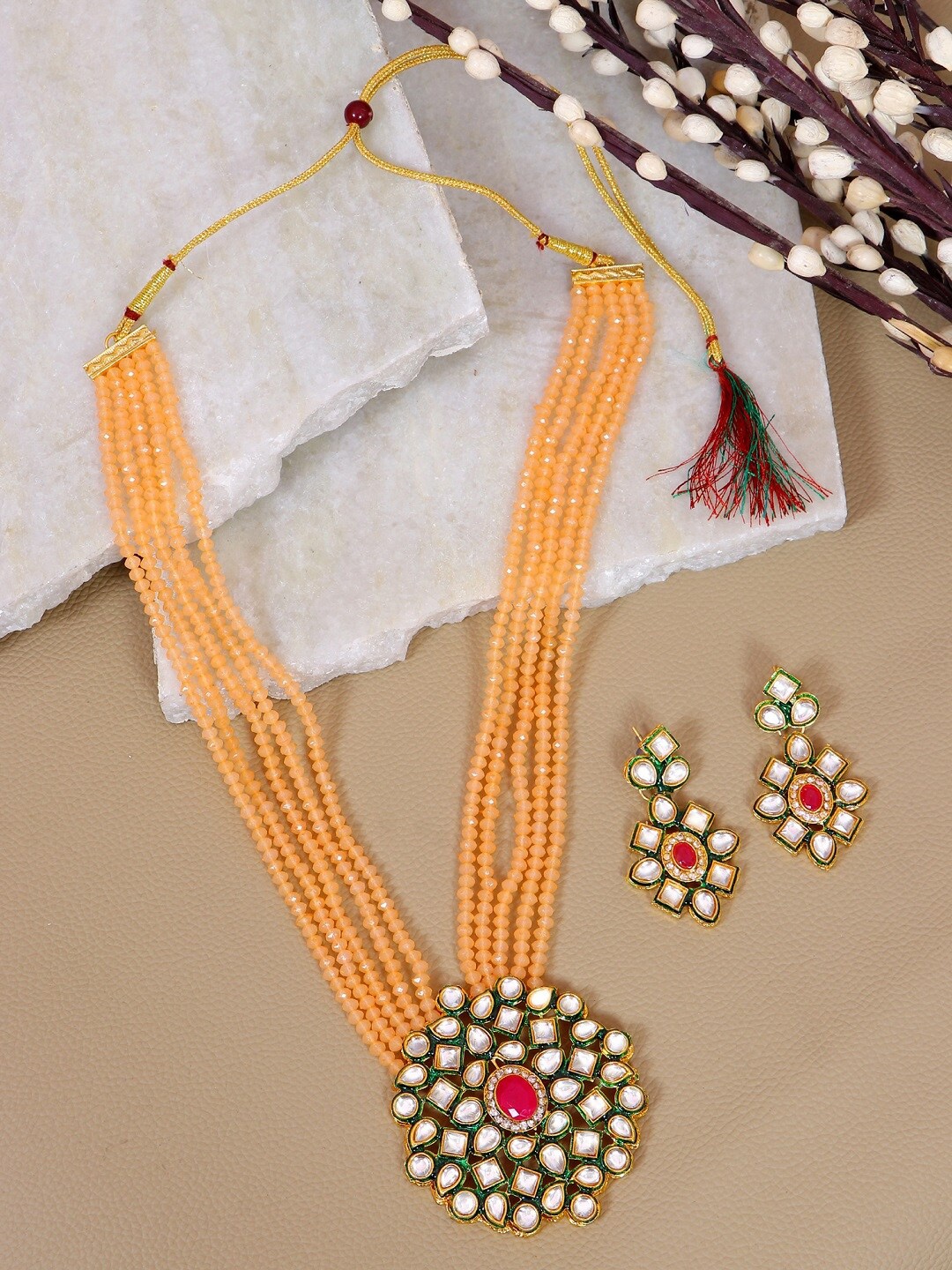 Crunchy Fashion Peach & Red Gold-Plated Stone-Studded & Beaded Jewellery Set