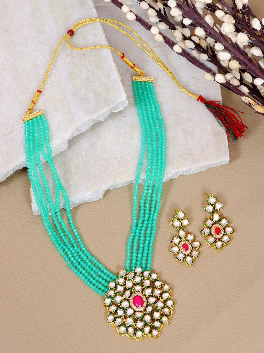 

Crunchy Fashion Green & Gold-Plated Kundan Stone-Studded Jewellery Set