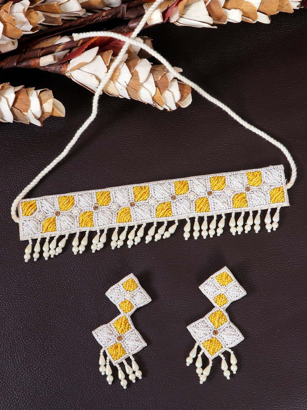 

Crunchy Fashion Yellow & White Beaded Choker Jewellery Set