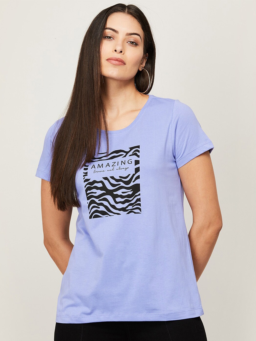 

Fame Forever by Lifestyle Women Blue Printed Pure Cotton T-shirt