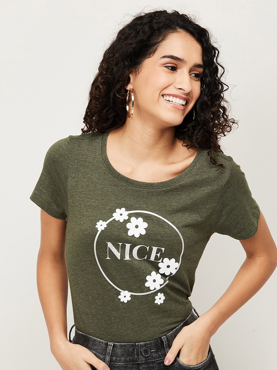 

Fame Forever by Lifestyle Olive Green Print Short Sleeves Regular Fit Top