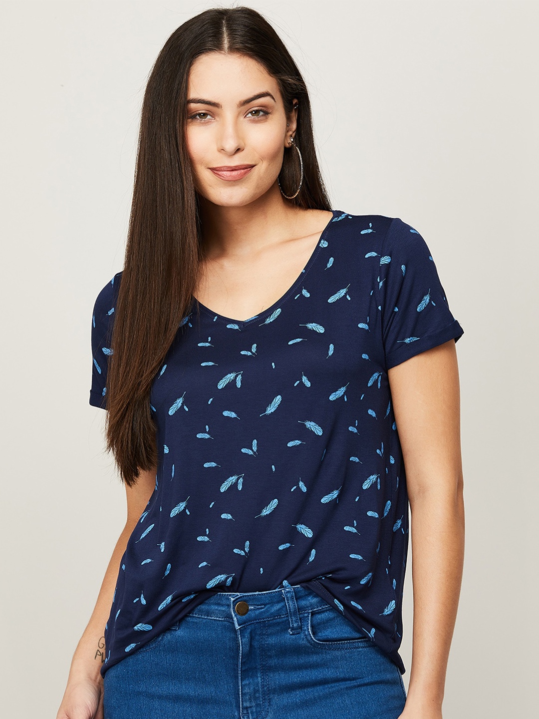 

Fame Forever by Lifestyle Women Navy Blue Floral Printed V-Neck T-shirt