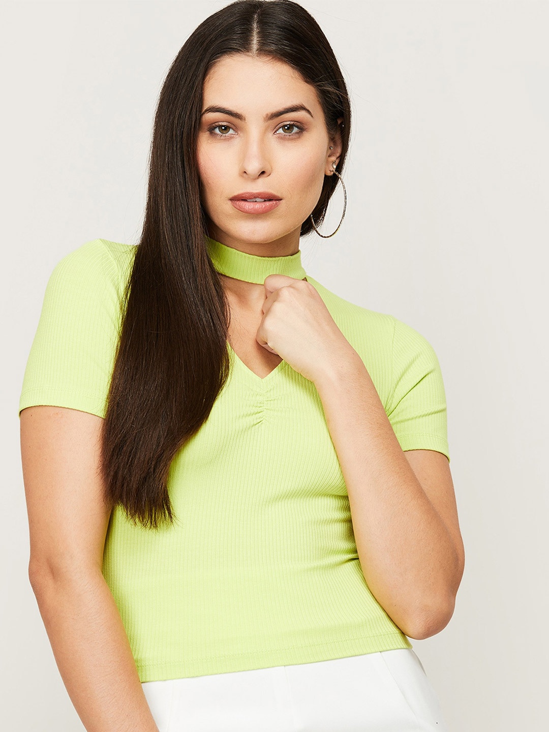 

Ginger by Lifestyle Women Lime Green Choker Neck Top