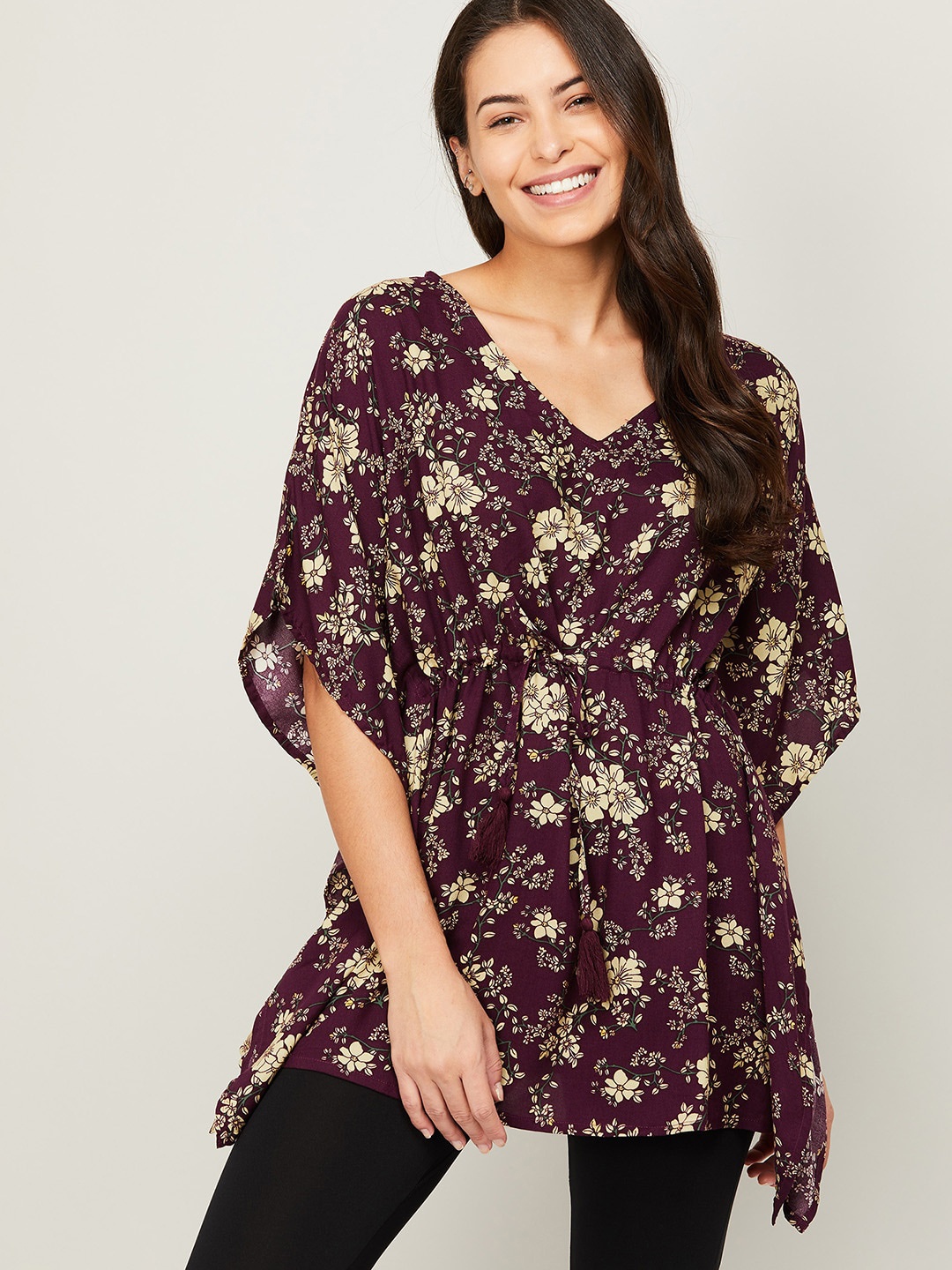 

Ginger by Lifestyle Maroon Floral Print Extended Sleeves Kaftan Top