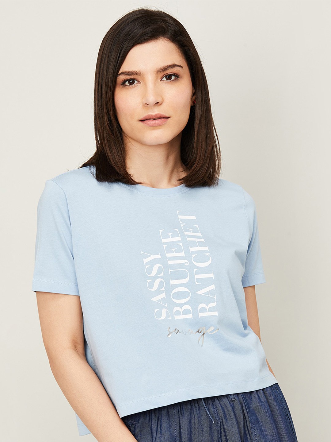 

Ginger by Lifestyle Women Blue Typography Printed Pure Cotton T-shirt