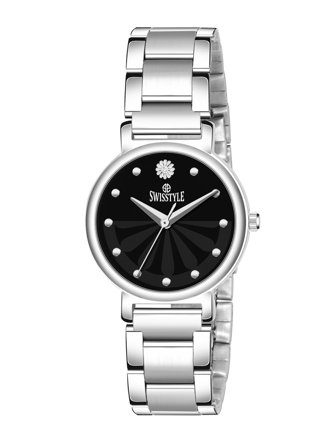 

SWISSTYLE Women Black Brass Dial & Silver Toned Stainless Steel Bracelet Style Straps Analogue Watch