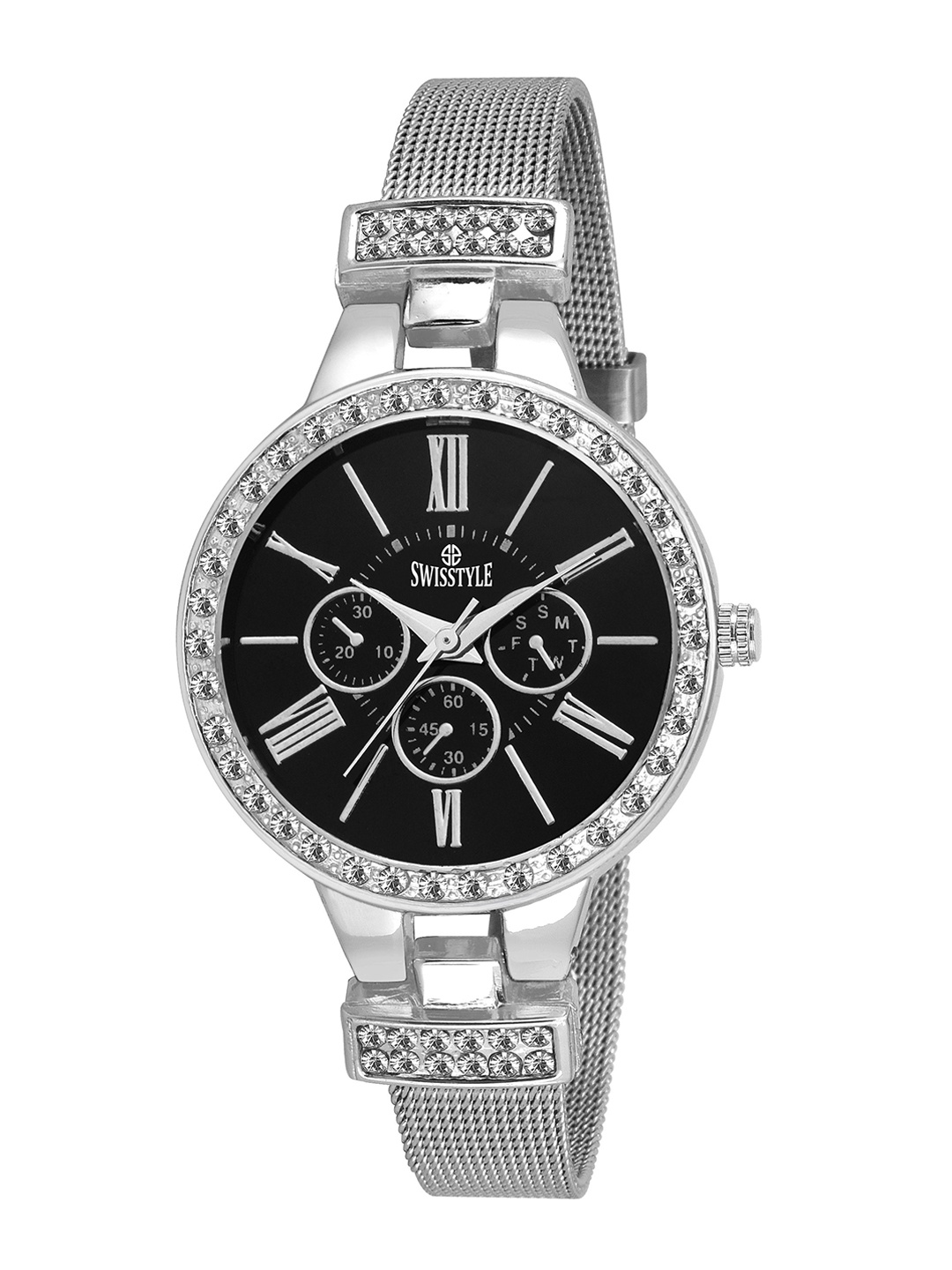

SWISSTYLE Women Black Brass Embellished Dial & Silver Toned Bracelet Style Straps Analogue Multi Function Watch