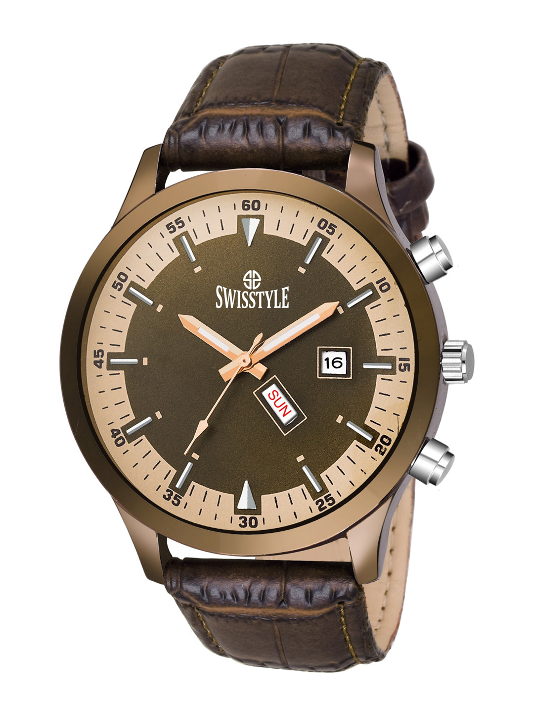 

SWISSTYLE Men Brown Brass Embellished Dial & Brown Textured Straps Analogue Watch