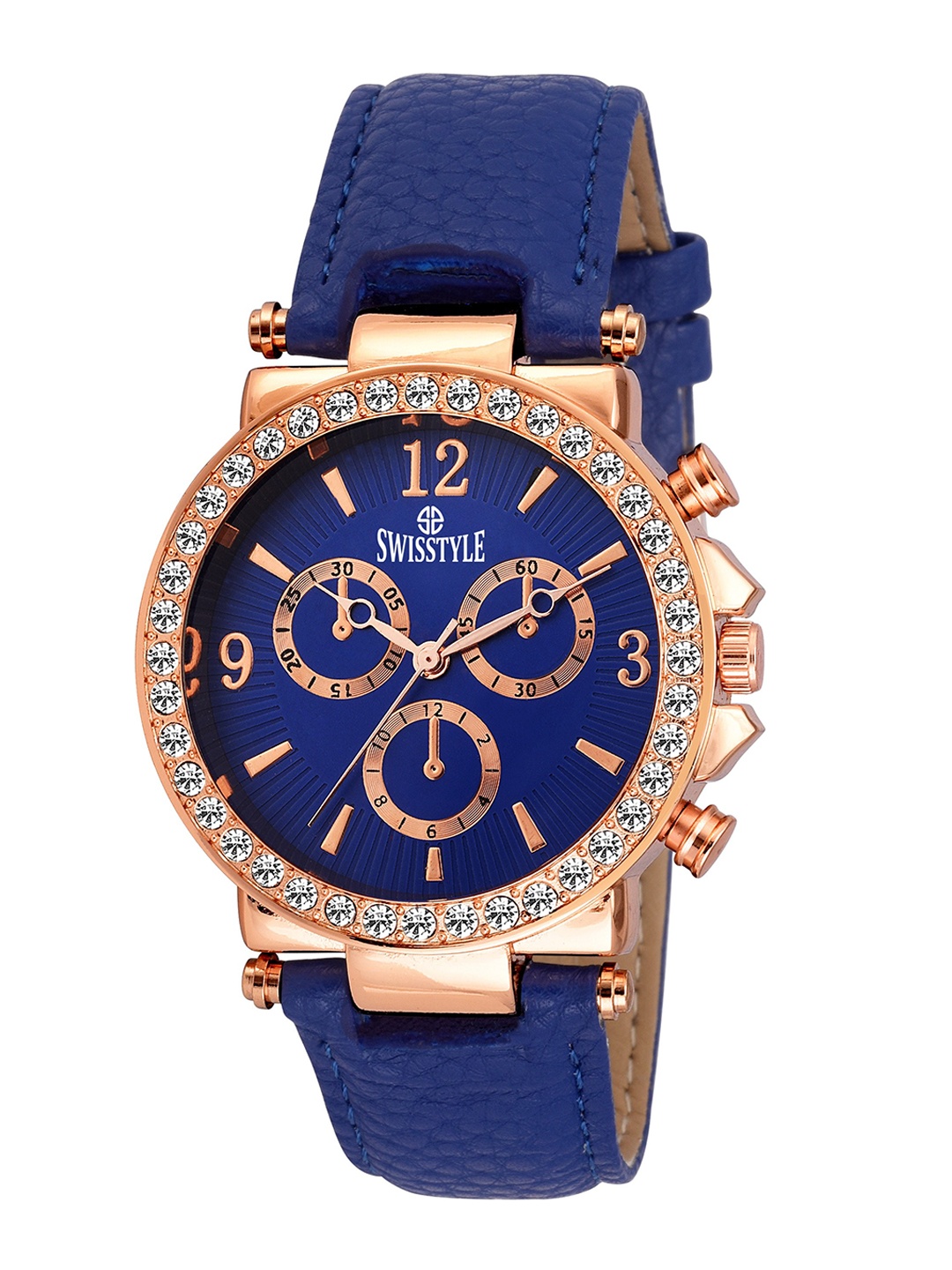 

SWISSTYLE Women Blue Brass Embellished Dial & Blue Leather Textured Straps Analogue Watch