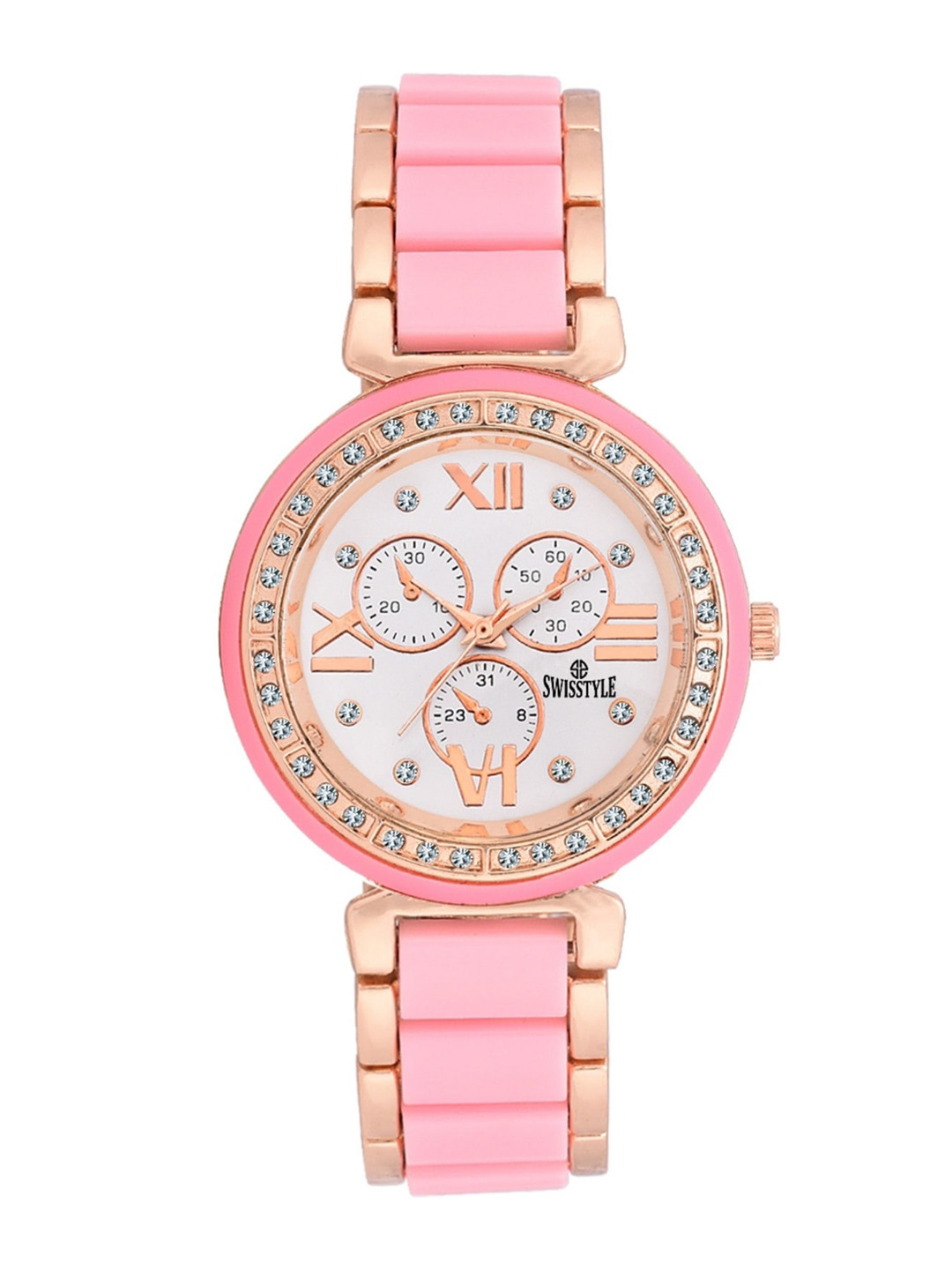 

SWISSTYLE Women White Brass Embellished Dial & Pink Straps Analogue Watch SS-LR703