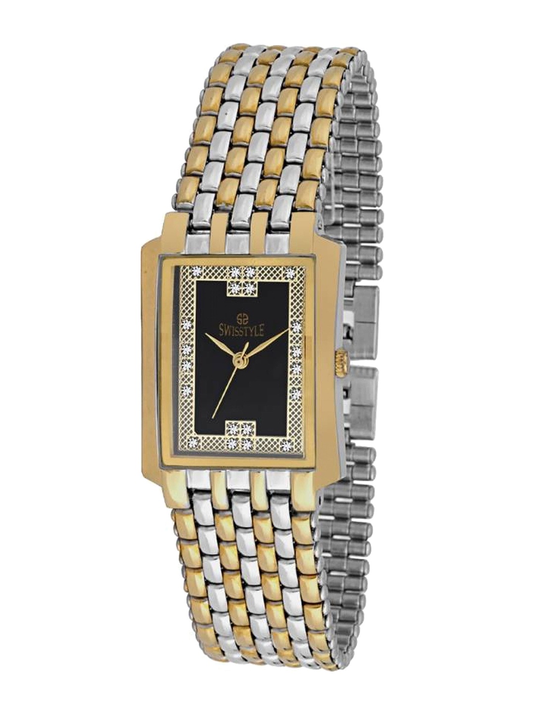 

SWISSTYLE Men Black Brass Embellished Dial & Gold Toned Stainless Steel Bracelet Style Straps Analogue Watch