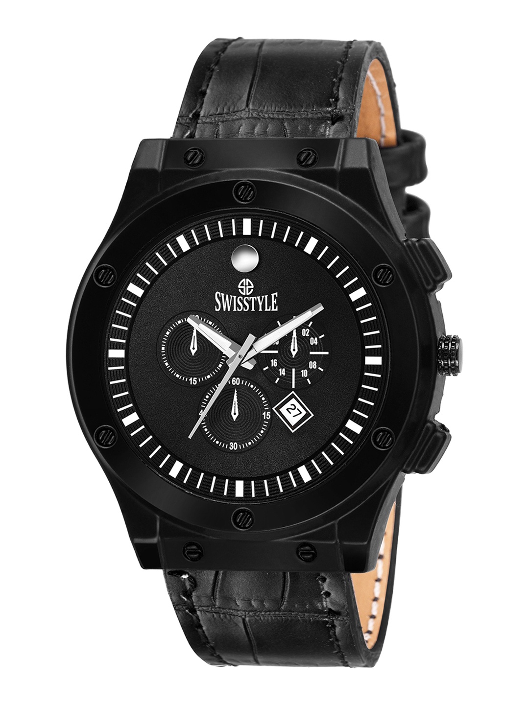 

SWISSTYLE Men Black Brass Embellished Dial & Black Textured Straps Analogue Watch
