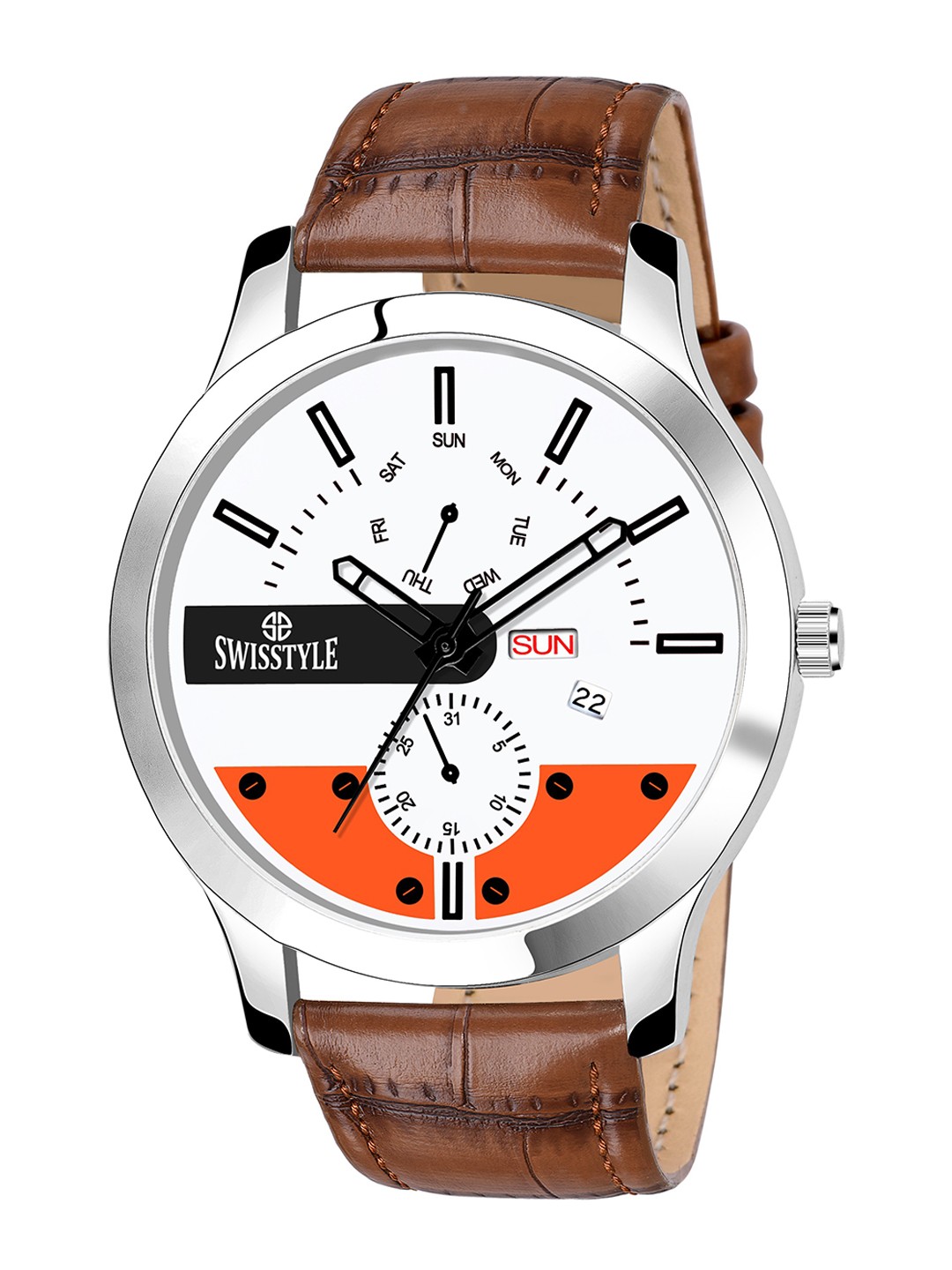 

SWISSTYLE Men White Brass Printed Dial & Brown Straps Analogue Watch