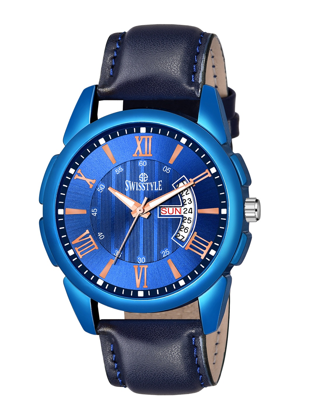 SWISSTYLE Men Blue Brass Dial & Black Leather Straps Analogue Watch SS-GR193