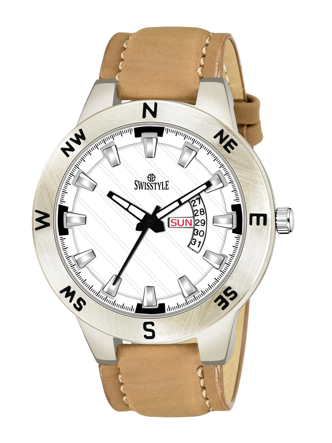 

SWISSTYLE Men Silver-Toned Brass Dial & Beige Straps Analogue Watch