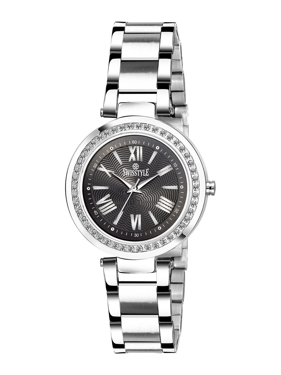 

SWISSTYLE Men Black Brass Embellished Dial & Silver Toned Stainless Steel Bracelet Style Straps Analogue Watch