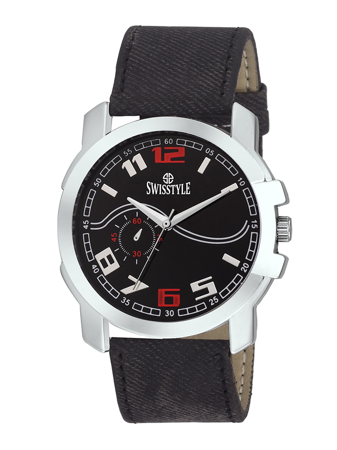 

SWISSTYLE Men Black Brass Embellished Dial & Silver Toned Leather Straps Analogue Watch