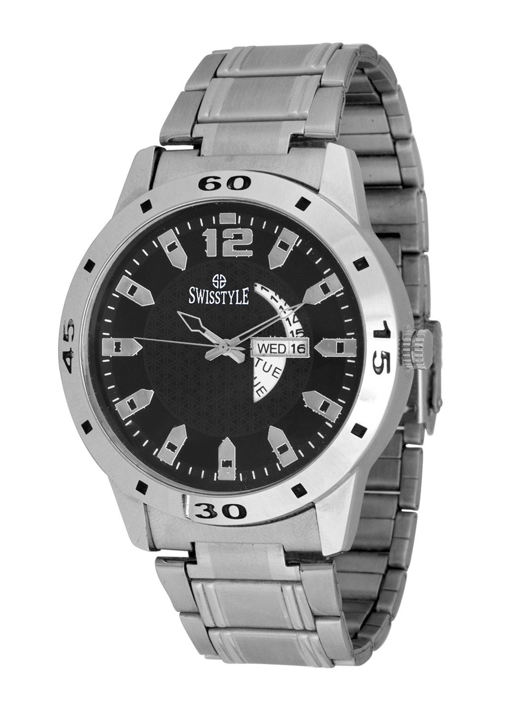 

SWISSTYLE Men Black Brass Dial & Silver Toned Bracelet Style Straps Analogue Watch