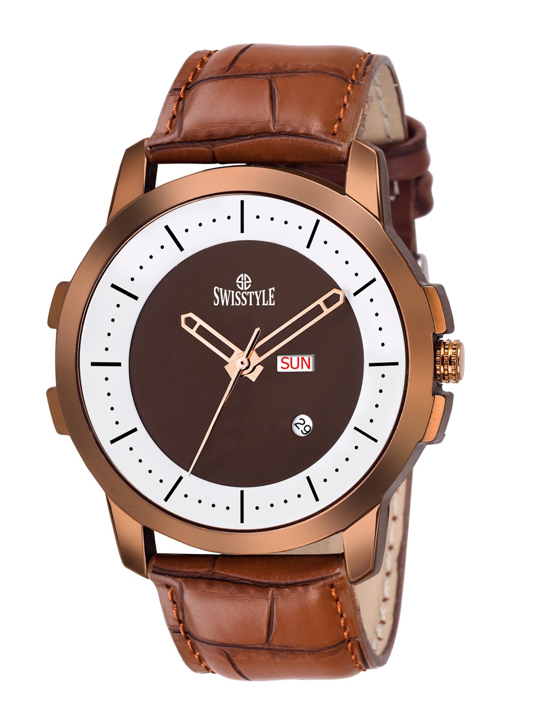 

SWISSTYLE Men White Brass Dial & Brown Bracelet Style Straps Analogue Watch