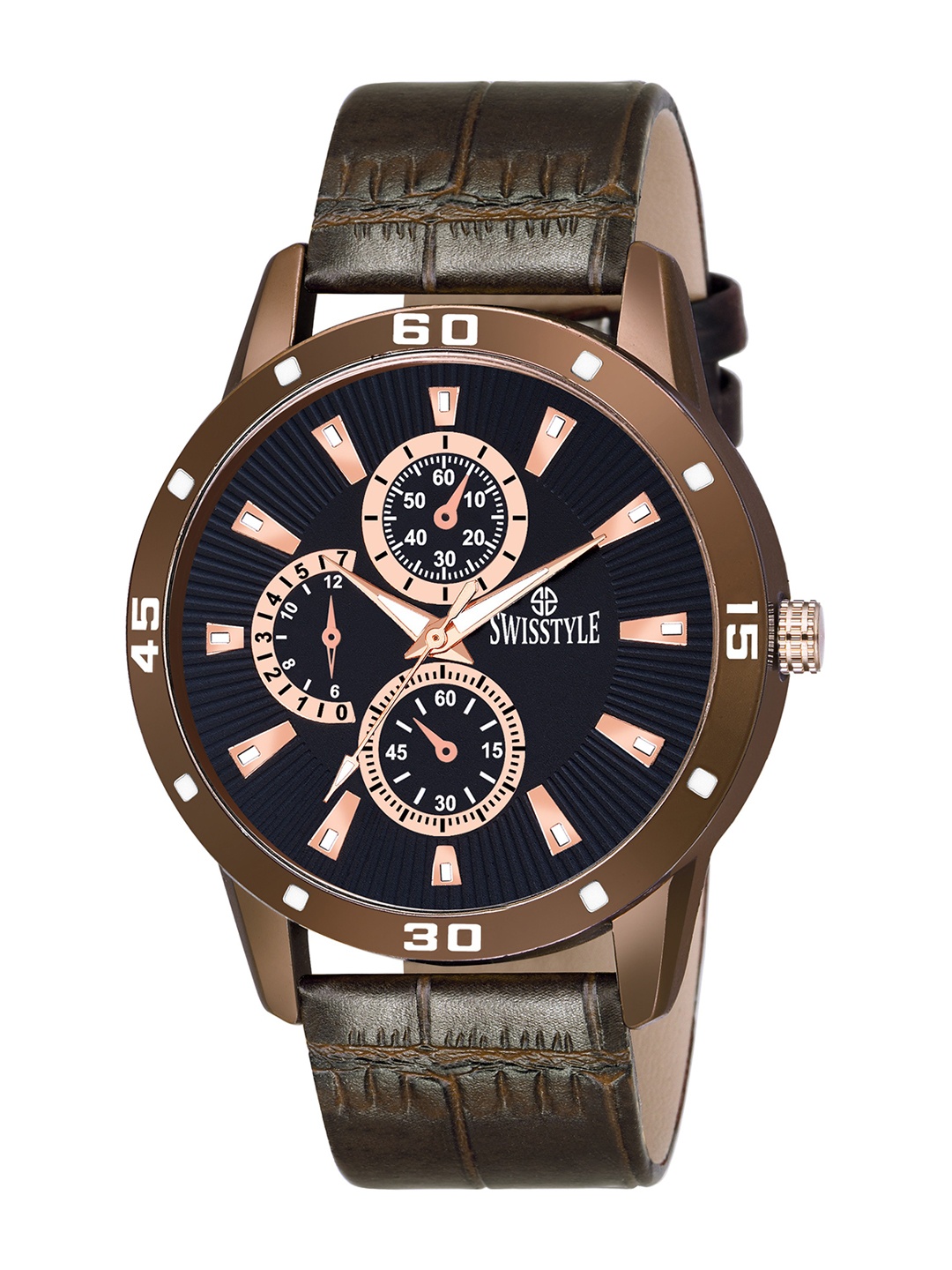 

SWISSTYLE Men Black Brass Dial & Brown Textured Straps Analogue Watch SS-GR6612