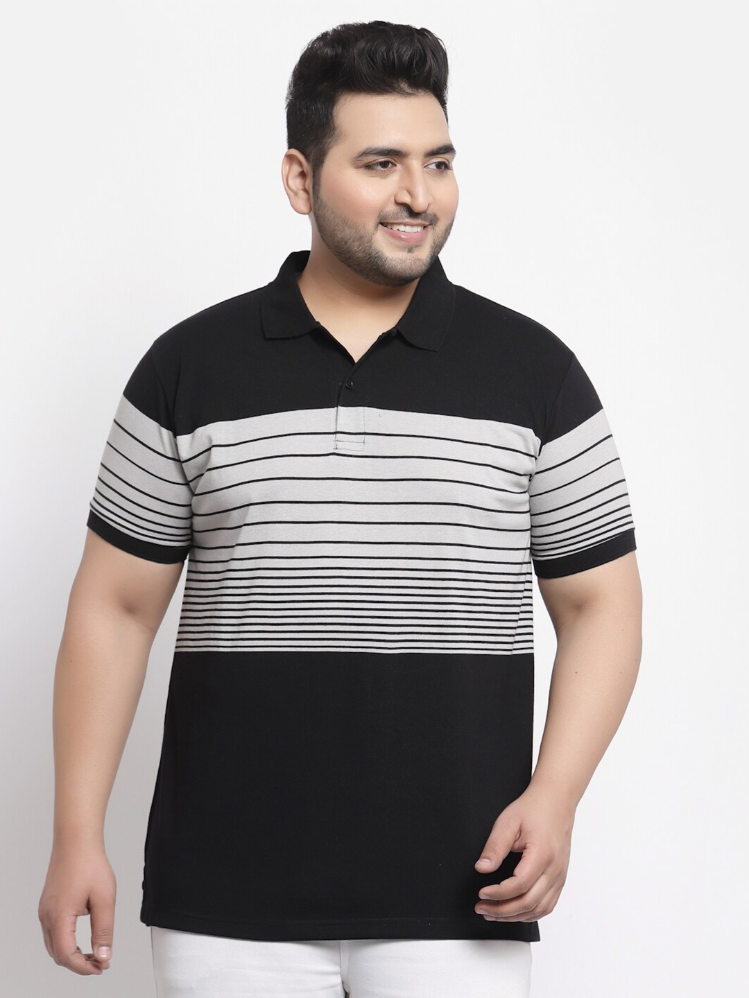 

plusS Men Plus Size Black & White Striped Polo Collar Cotton T-shirt