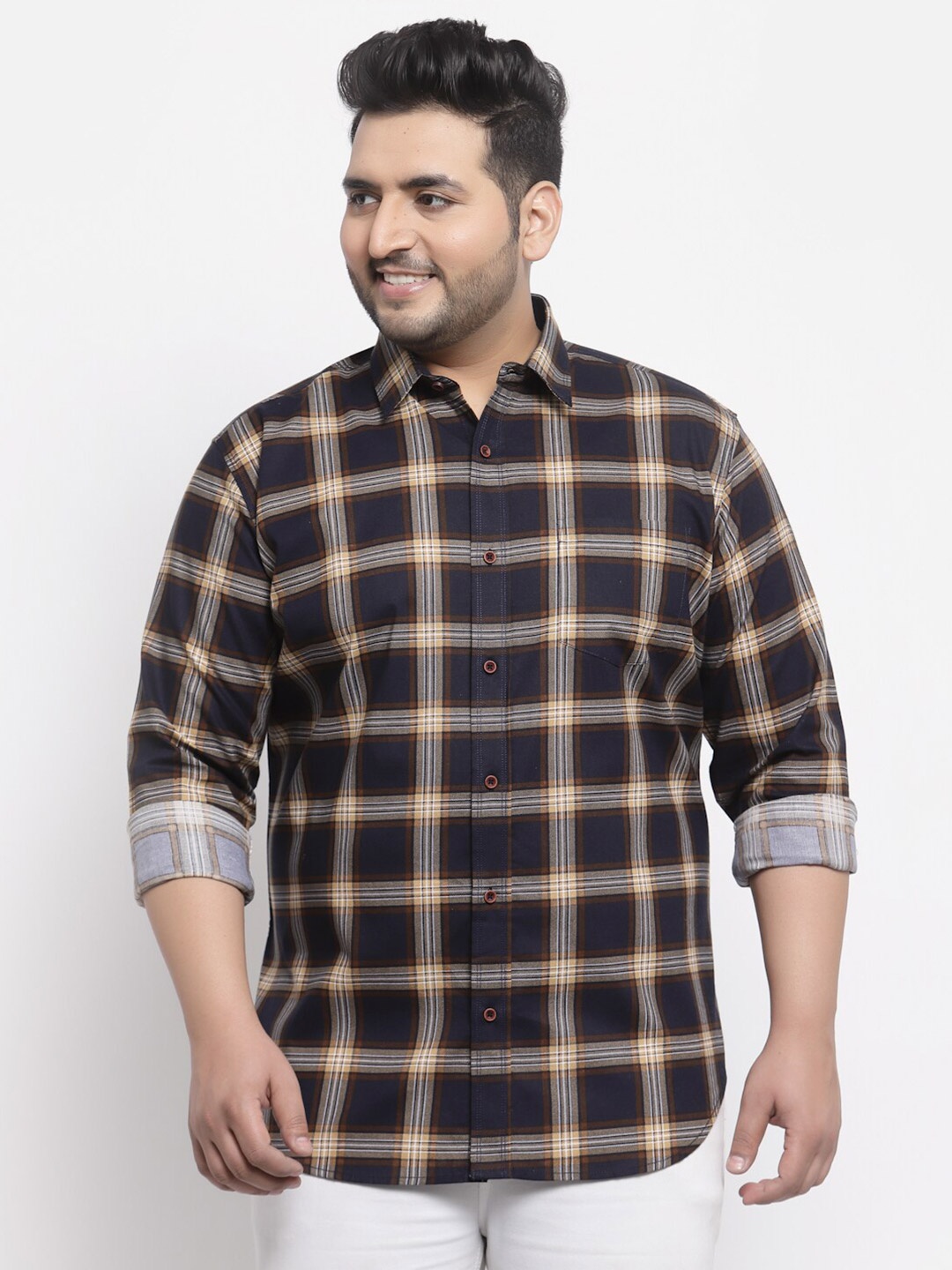 

plusS Men Navy Blue Tartan Checked Cotton Casual Shirt