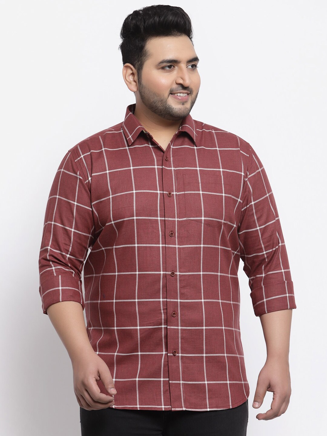 

plusS Plus Size Men Maroon Windowpane Checked Casual Shirt