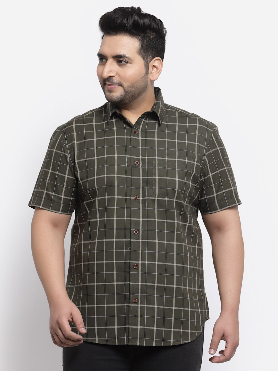 

plusS Men Olive Green Windowpane Checks Checked Casual Shirt