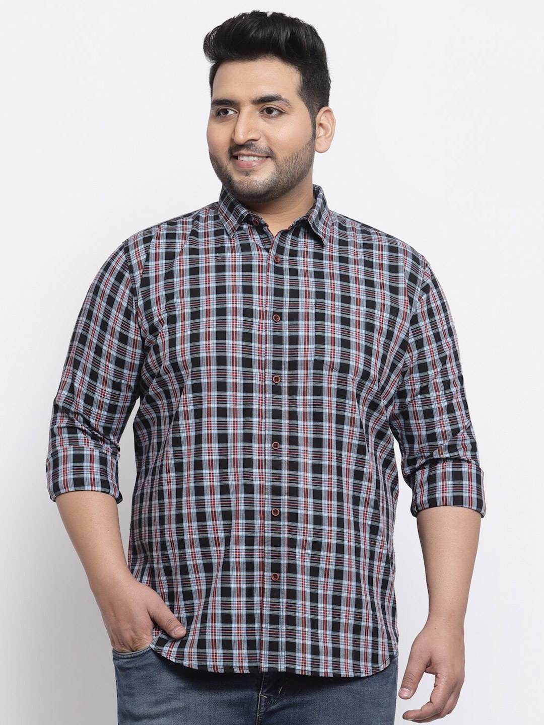 

plusS Plus Size Men Navy Blue Regular Fit Tartan Checked Cotton Casual Shirt