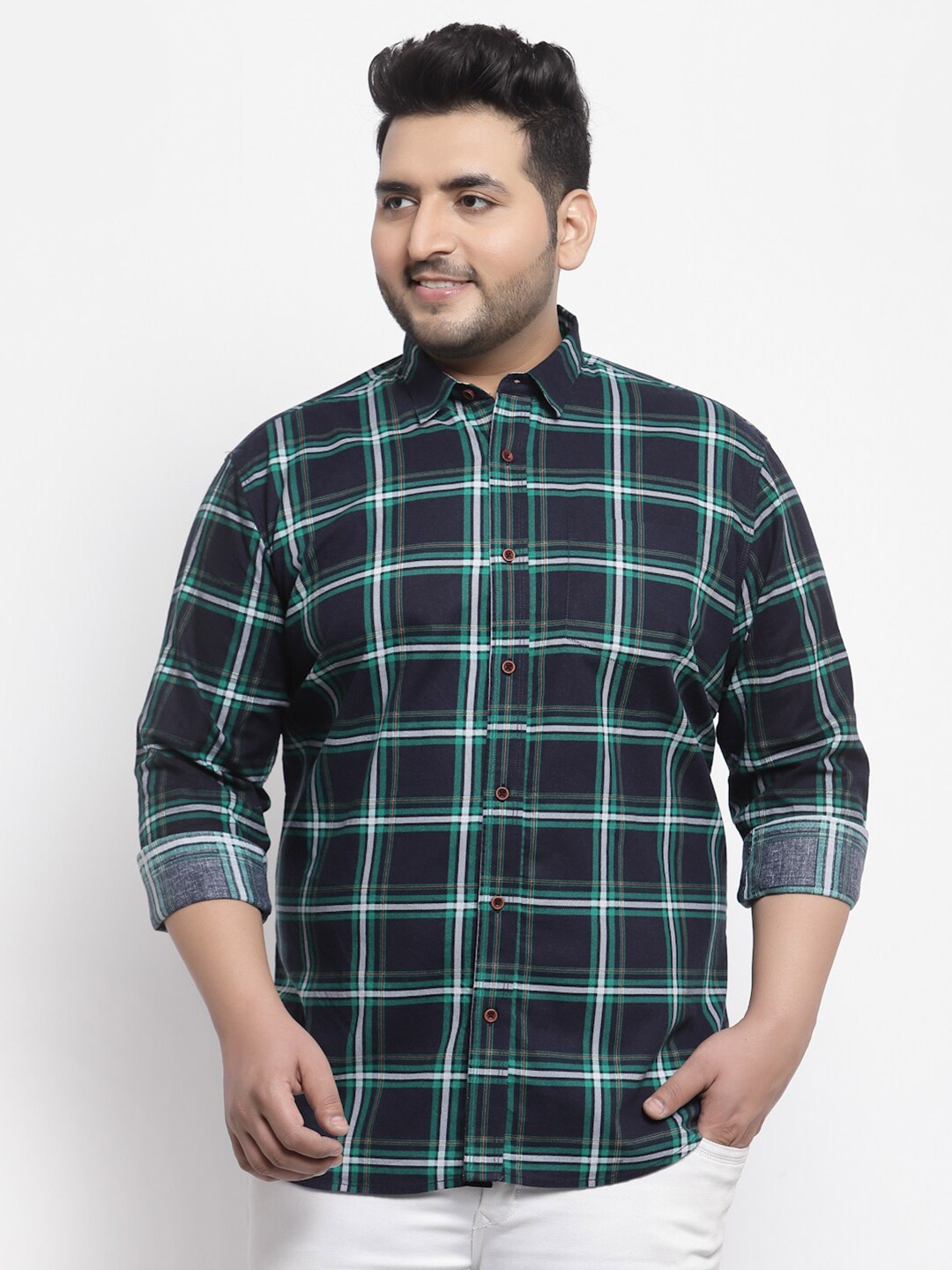 

plusS Men Navy Blue Tartan Checked Cotton Casual Shirt