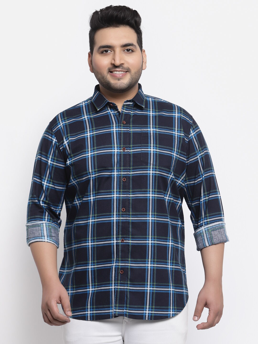 

plusS Plus Size Men Navy Blue Tartan Checked Casual Shirt