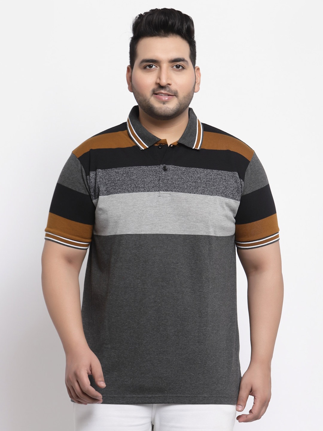 

plusS Men Grey & Brown Colourblocked Polo Collar Cotton T-shirt