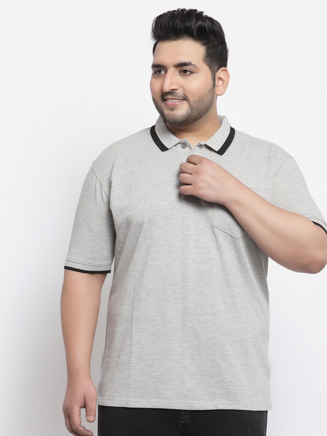 

plusS Plus Size Men Grey Solid Polo Collar 100% Cotton T-shirt