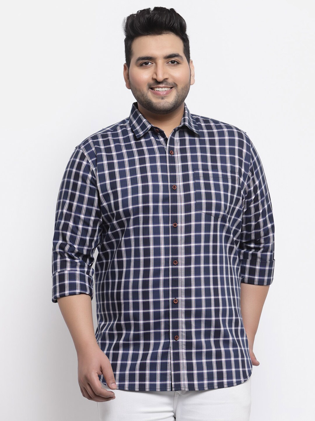 

plusS Plus Size Men Navy Blue Regular Fit Tartan Checked Cotton Casual Shirt