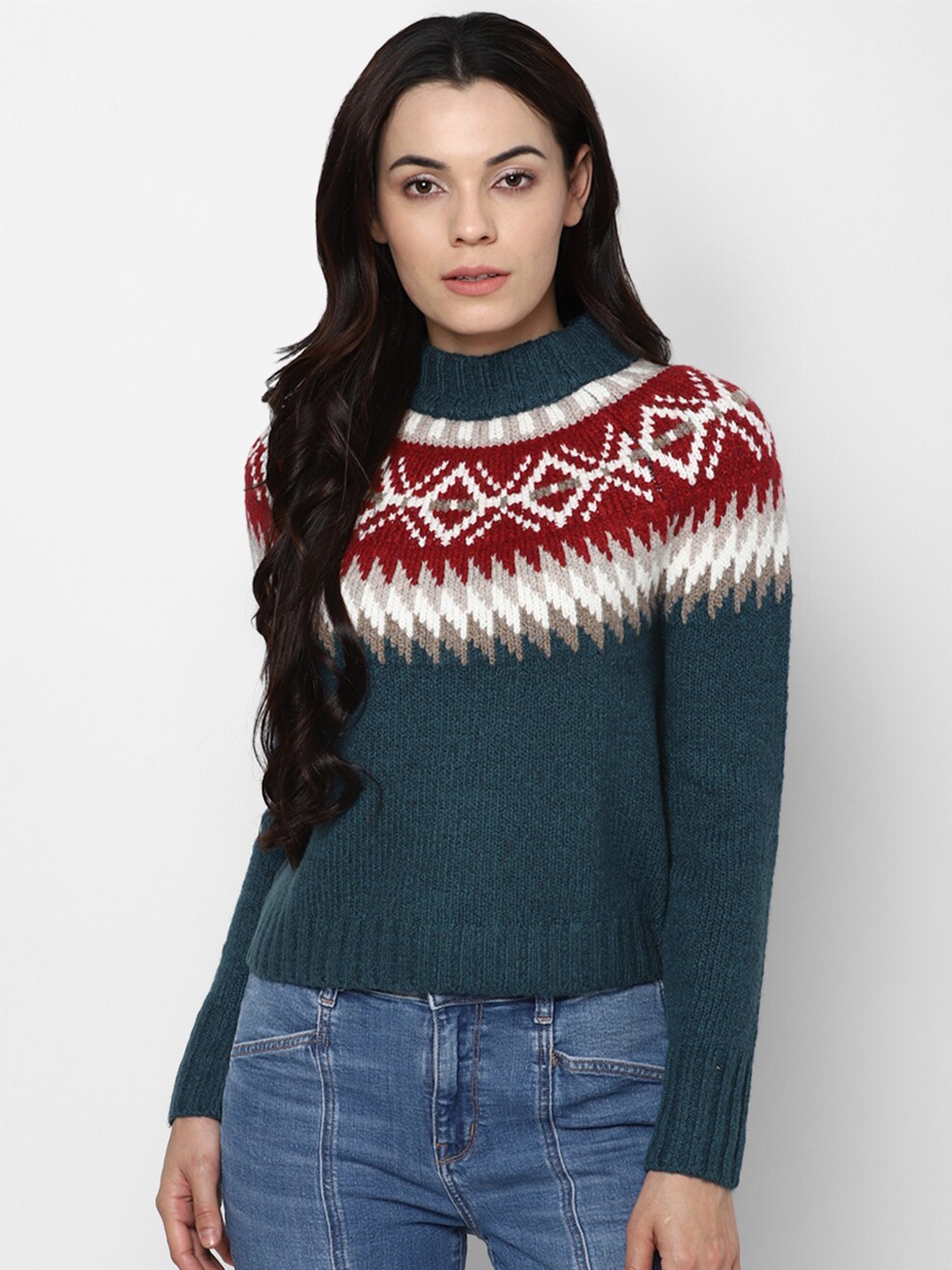 

AMERICAN EAGLE OUTFITTERS Women Blue & Red Knitted Sweater