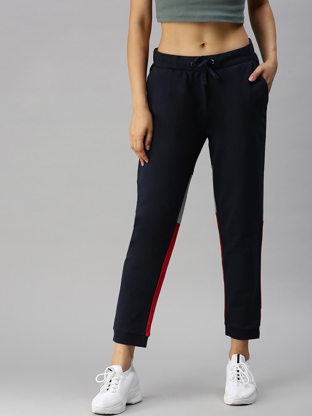 

De Moza Women Navy Blue & Red Colourblocked Pure Cotton Joggers