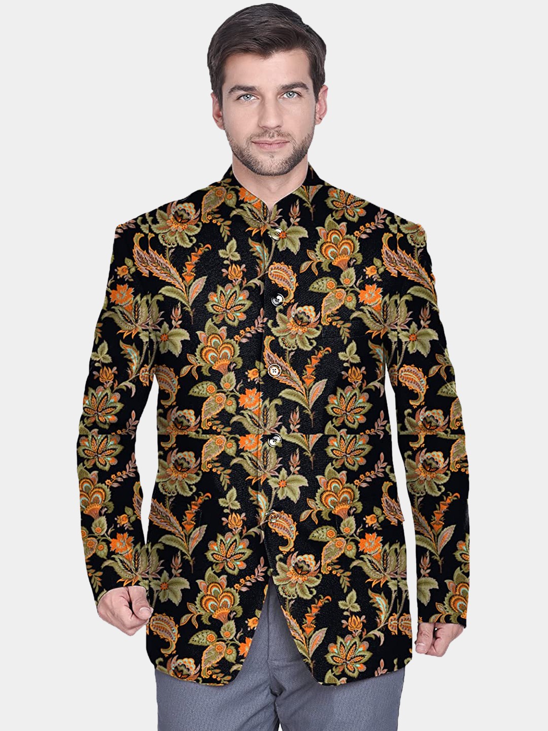 

Blacksmith Men Black Printed Regular-Fit bandhgala Jodhpuri Party Blazer