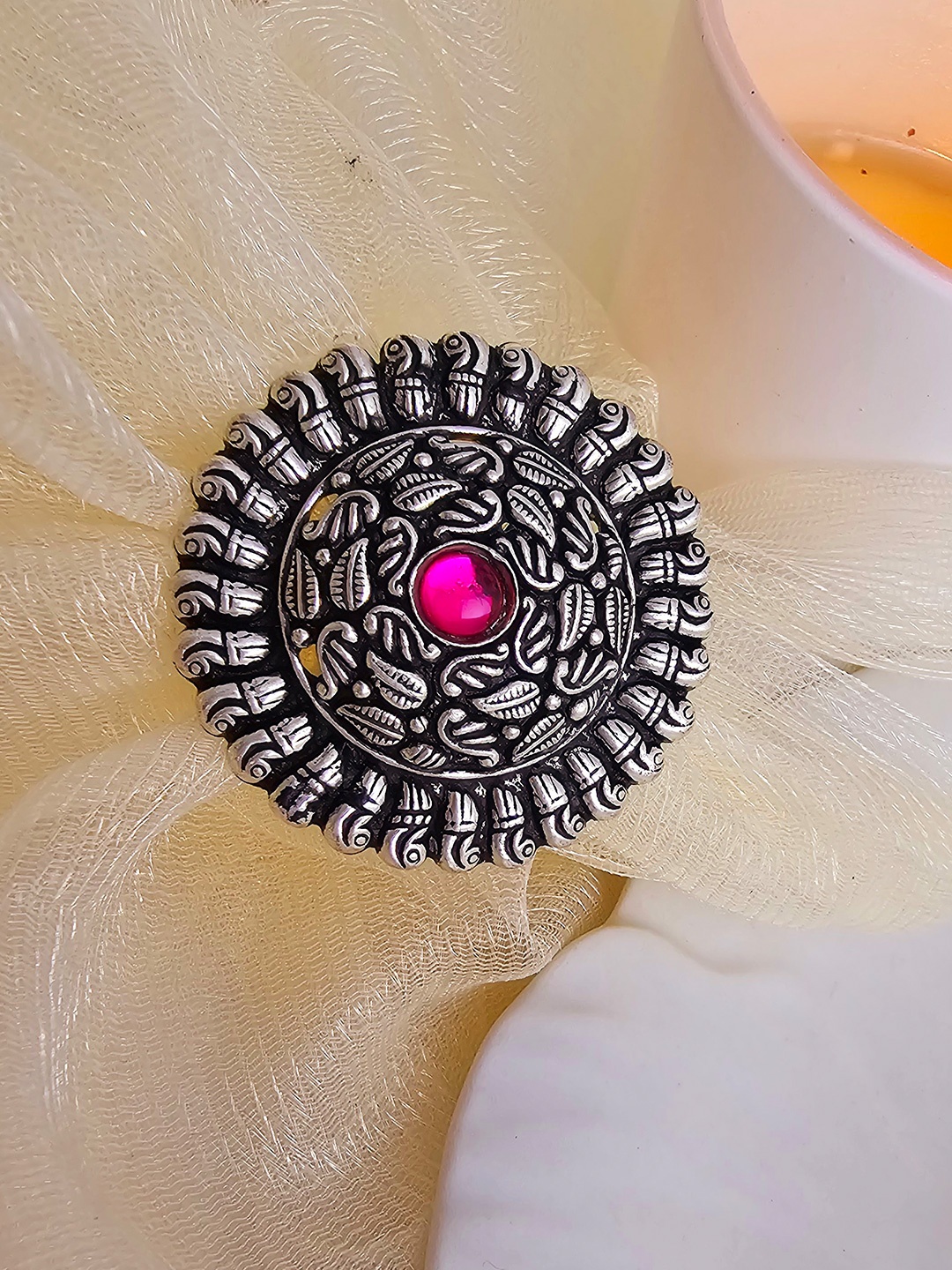 

Binnis Wardrobe Women Silver-Plated Pink Stone Studded Oxidised Adjustable Finger Ring