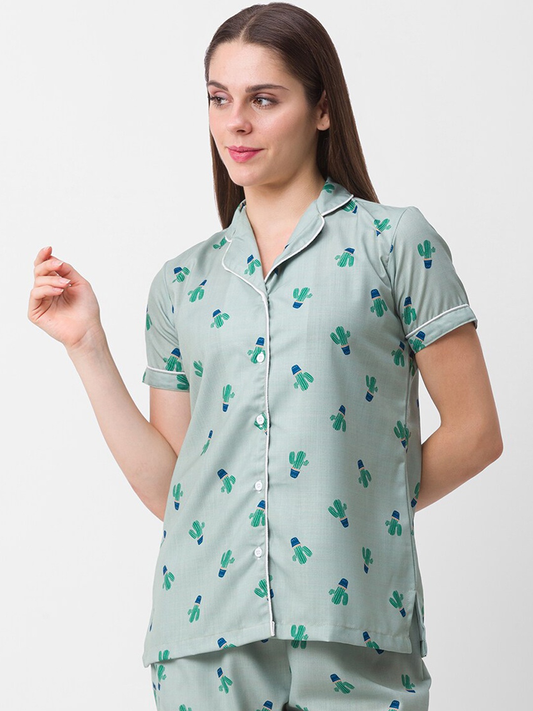 

FashionRack Women Olive Green & Blue Printed Pure Cotton Night suit