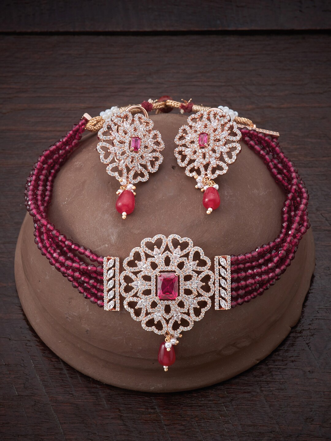 

Kushal's Fashion Jewellery Red Copper Rose Gold-Plated Layered Choker Jewellery Set