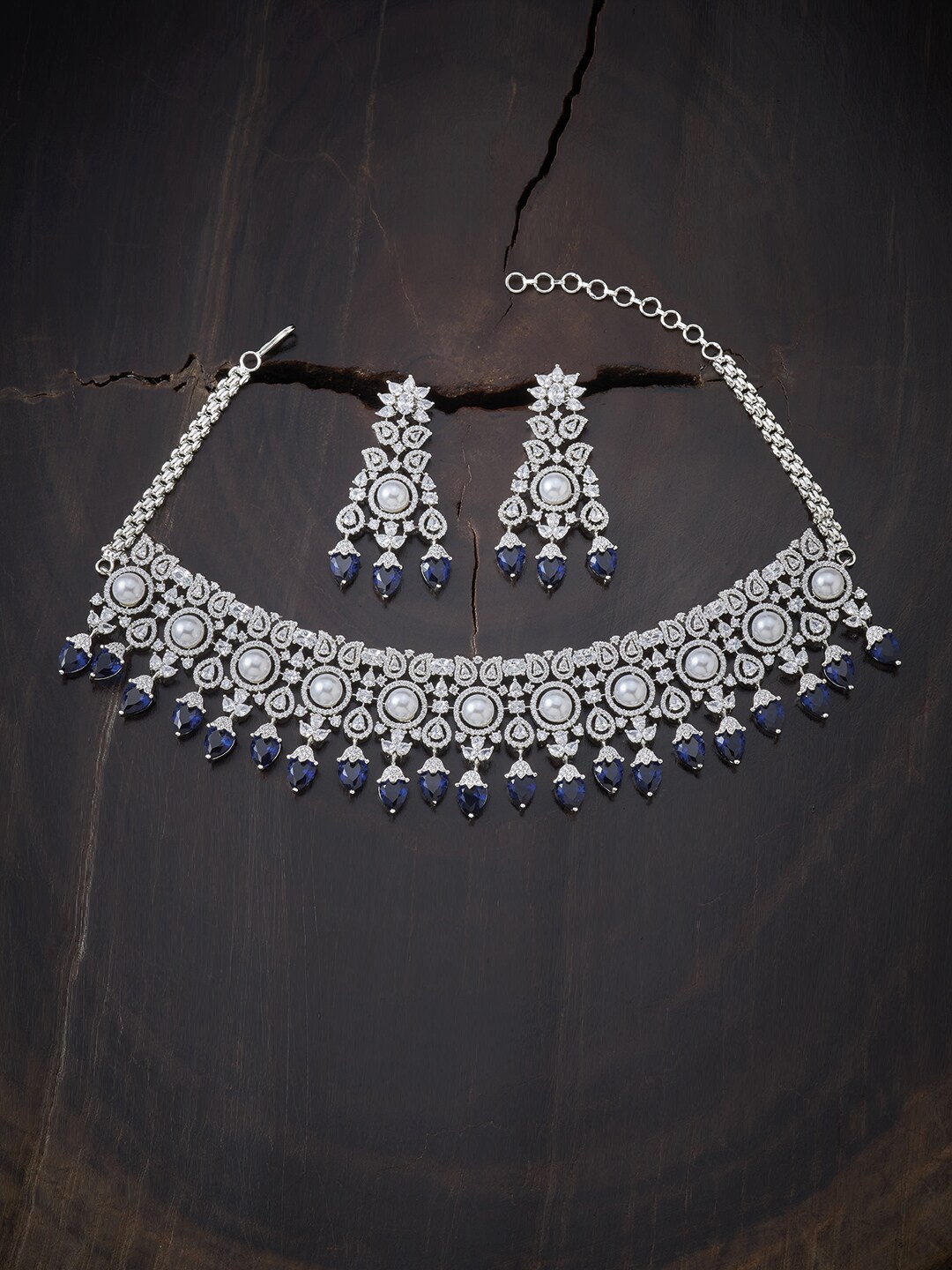 

Kushal's Fashion Jewellery Blue Copper Rhodium-Plated Jewellery Set, Silver