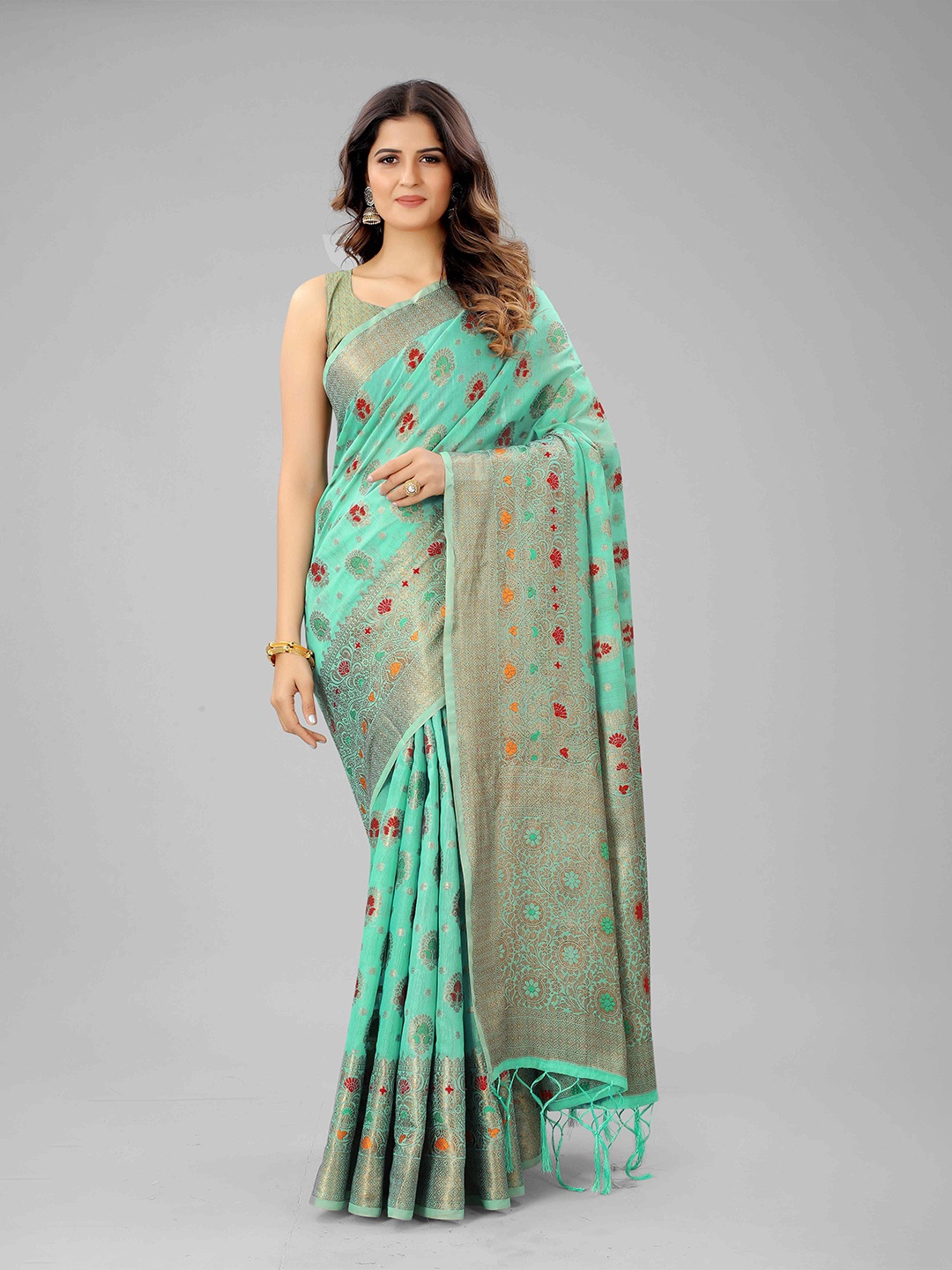 

Mizzific Turquoise Blue & Red Woven Design Zari Pure Cotton Chanderi Saree