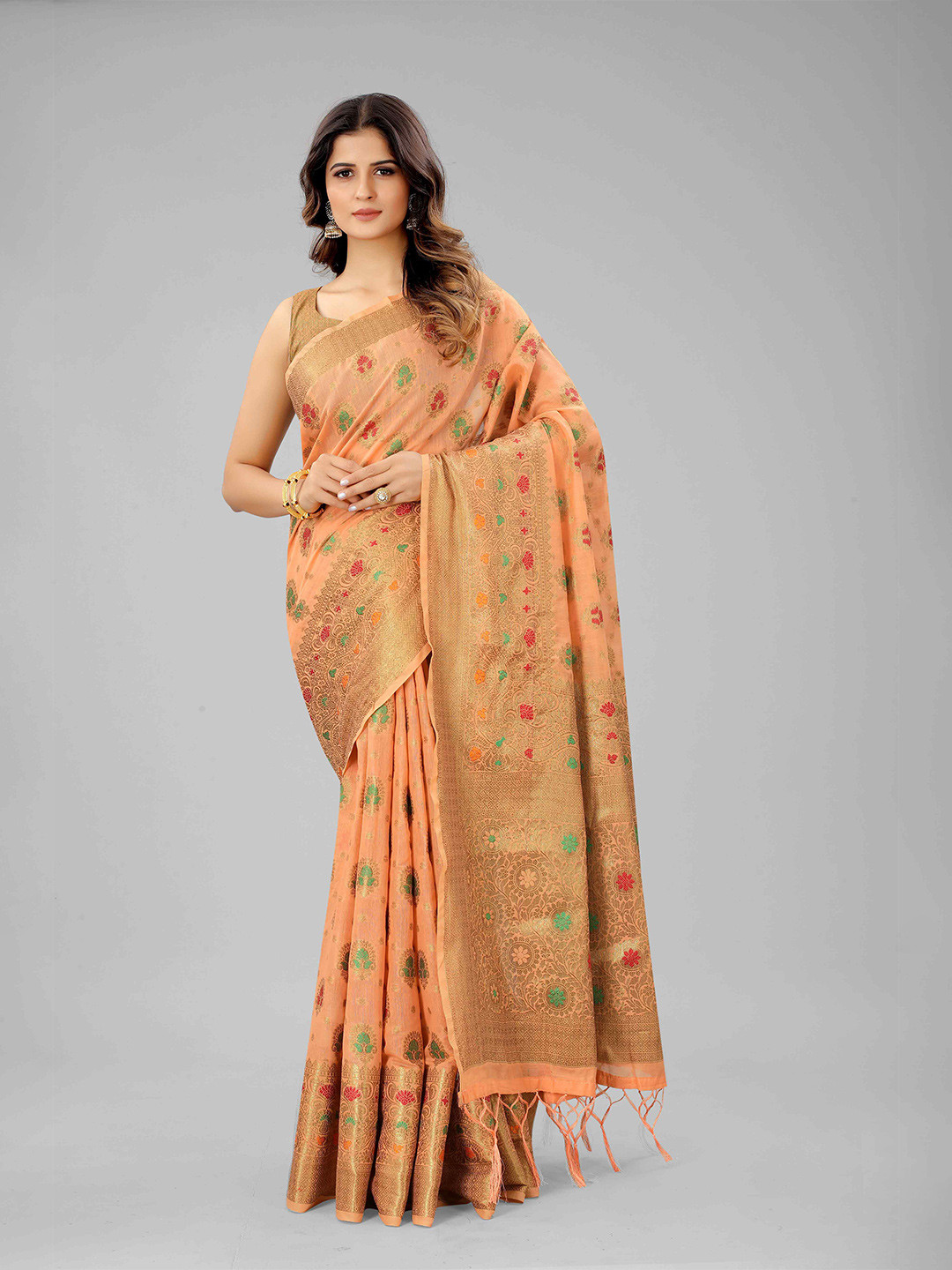 

Mizzific Peach-Coloured & Red Woven Design Zari Pure Cotton Chanderi Saree