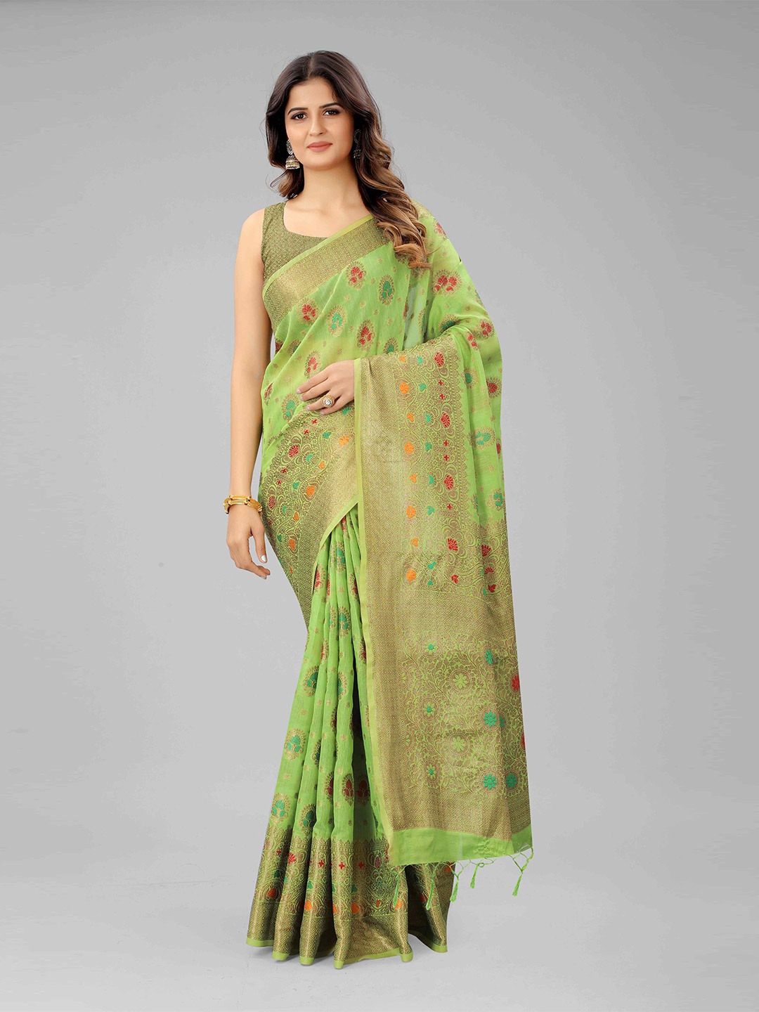 

Mizzific Green & Red Woven Design Zari Pure Cotton Chanderi Saree